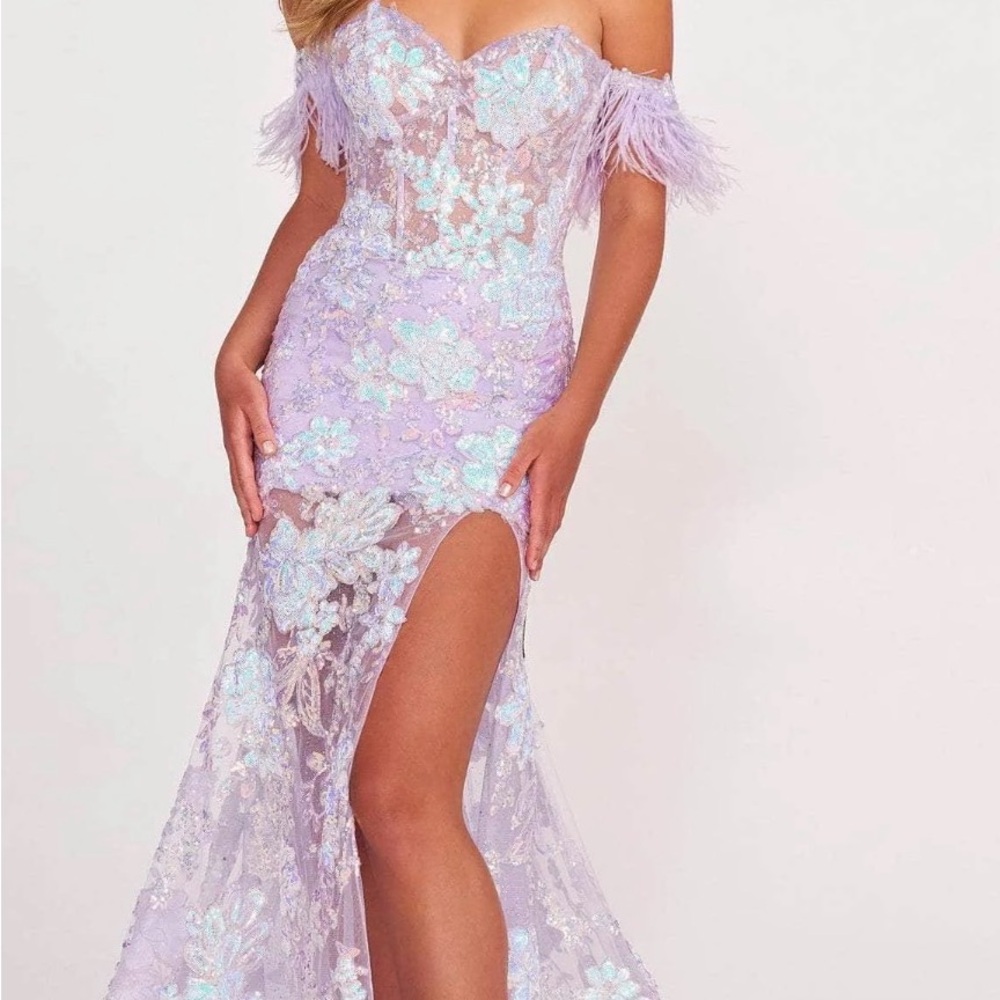 ellie wilde 34034 Lilac Sequin Floral Off-Shoulder Prom Dress